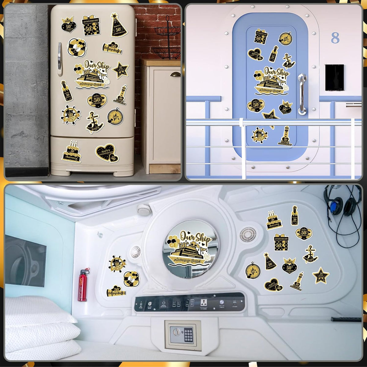 50th Anniversary Cruise Door Magnets Decorations, Gold Black Happy 50th Anniversary Cruise Ship
