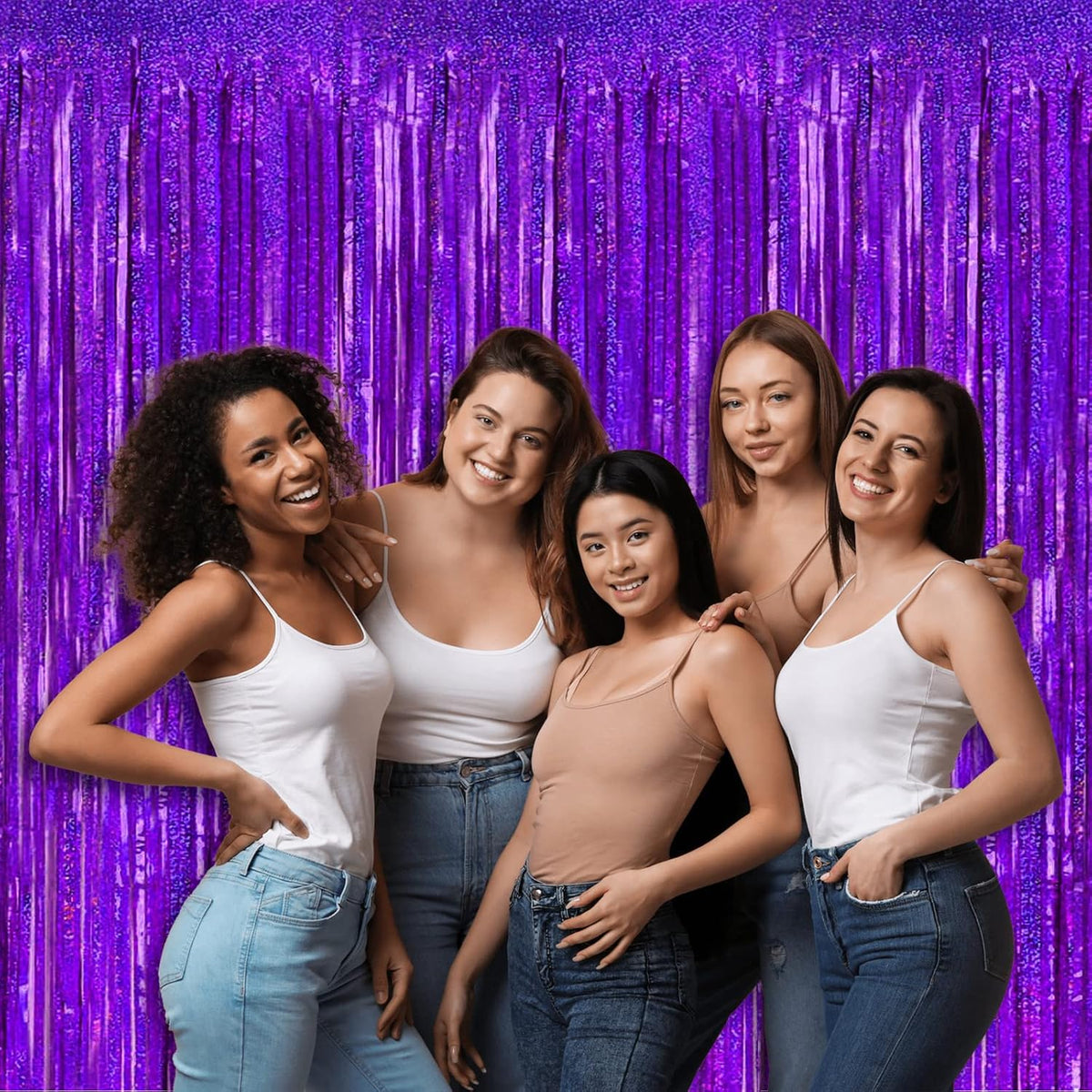 4 Pack Purple Tinsel Foil Fringe Curtain Backdrop, 3.28Ft x 8.2Ft Metallic Streamers for Photo