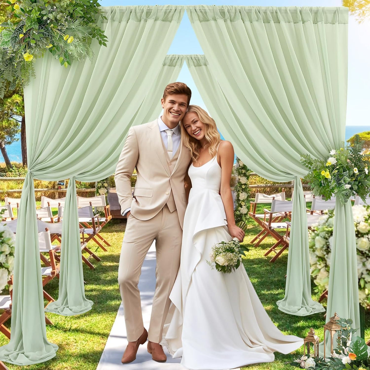 PARTISKY 10x10ft Sage Green Chiffon Sheer Backdrop Curtains, Wrinkle-Free Wedding Backdrop Drapes