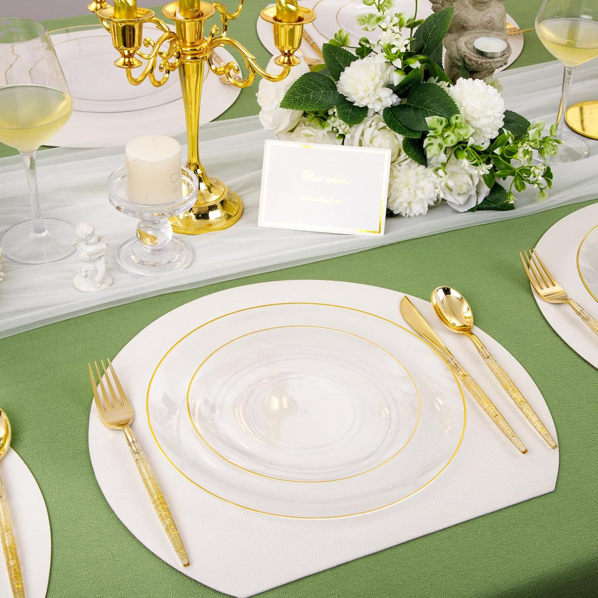 Liacere 150PCS Clear Gold Plastic Plates - Gold Plastic Silverware with Glitter Handle - Clear