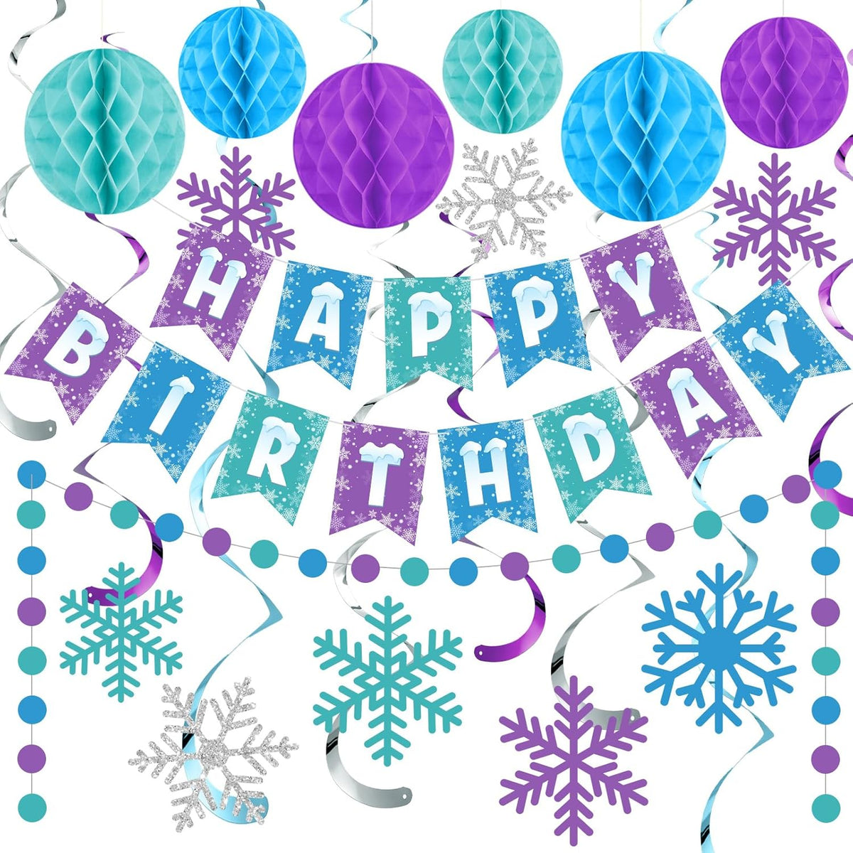 Funrous Snowflake Birthday Decorations Happy Birthday Banner Snowflake Hanging Swirls Honeycomb