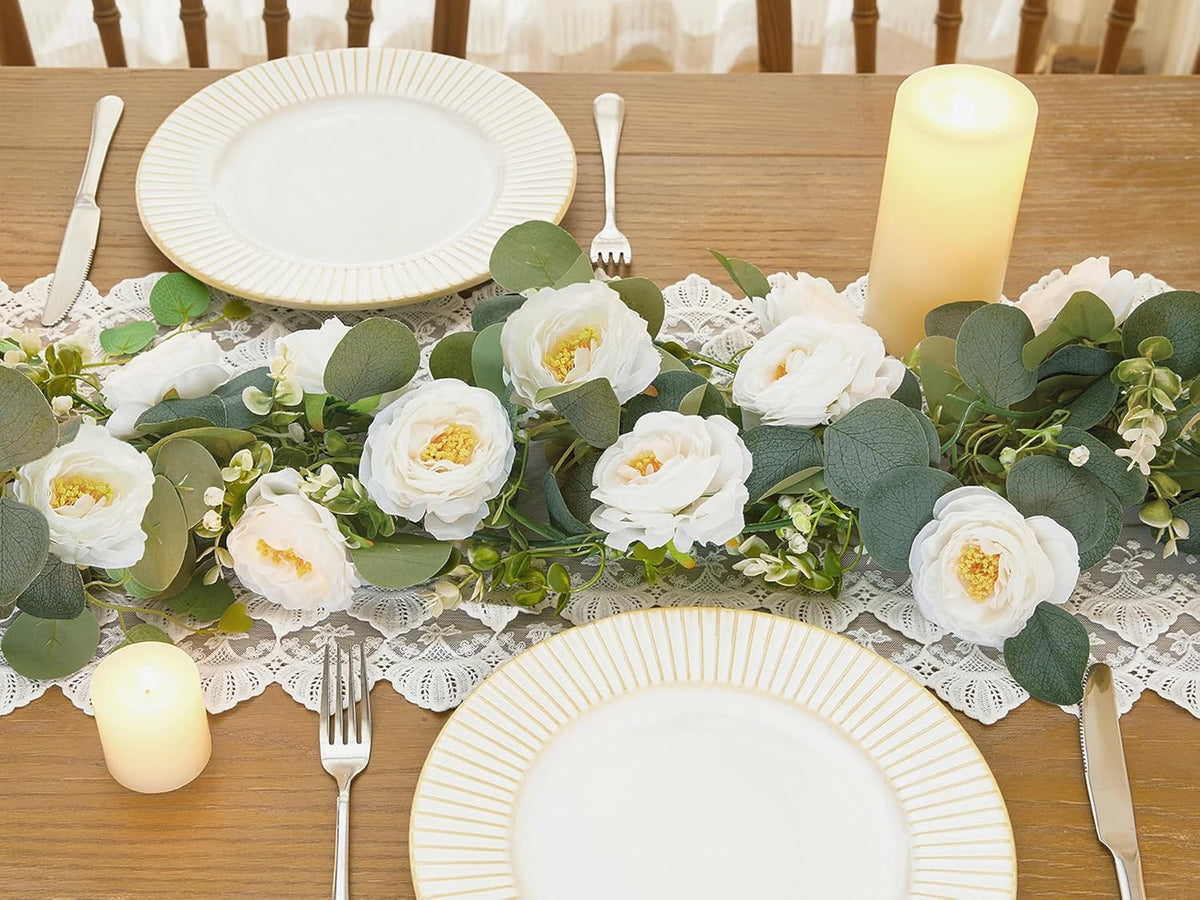 2 Pack 12Ft Artificial Eucalyptus Flower Garland with White Roses, Fake Flowers Greenery Garland