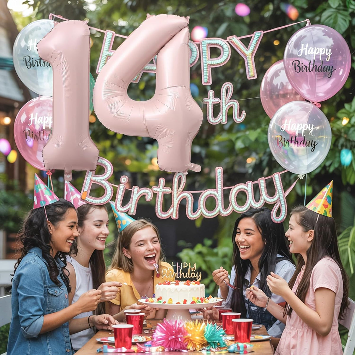 Light Pink 14th Birthday Balloon for Girls, 40'' Self Inflating Mylar Number 14 Balloons, Big Blush