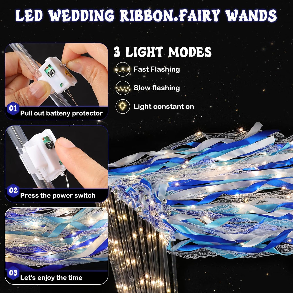 100 Pcs Wedding Wands Ribbon with 3 Colorful Flashing Modes, Light up LED Silk Fairy Wands, Glow