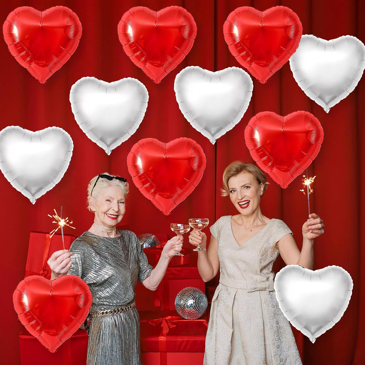 Red Silver Heart Balloons,12Pcs 18Inch Silver Red Heart Shaped Foil Helium Foil Balloons for Baby
