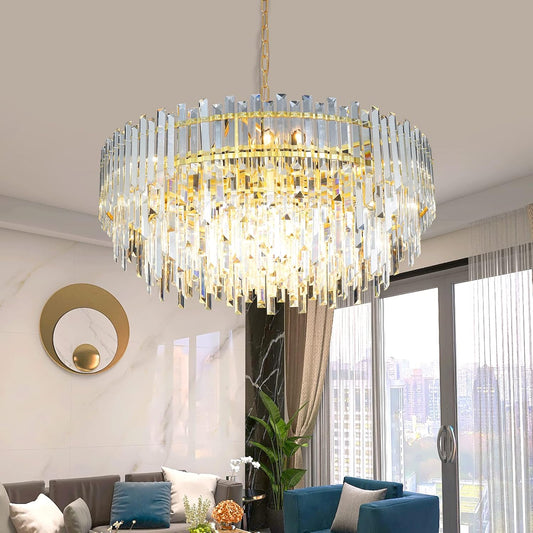 Gold Copper Crystal Chandelier Lighting 31'' for Dining Rooms Bedroom Foyer Entryway Ceiling