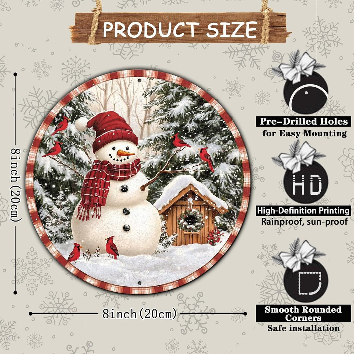 Round Christmas Metal Signs Vintage Snowman and Red Birds Tin Sign Metal Poster Christmas Snowman
