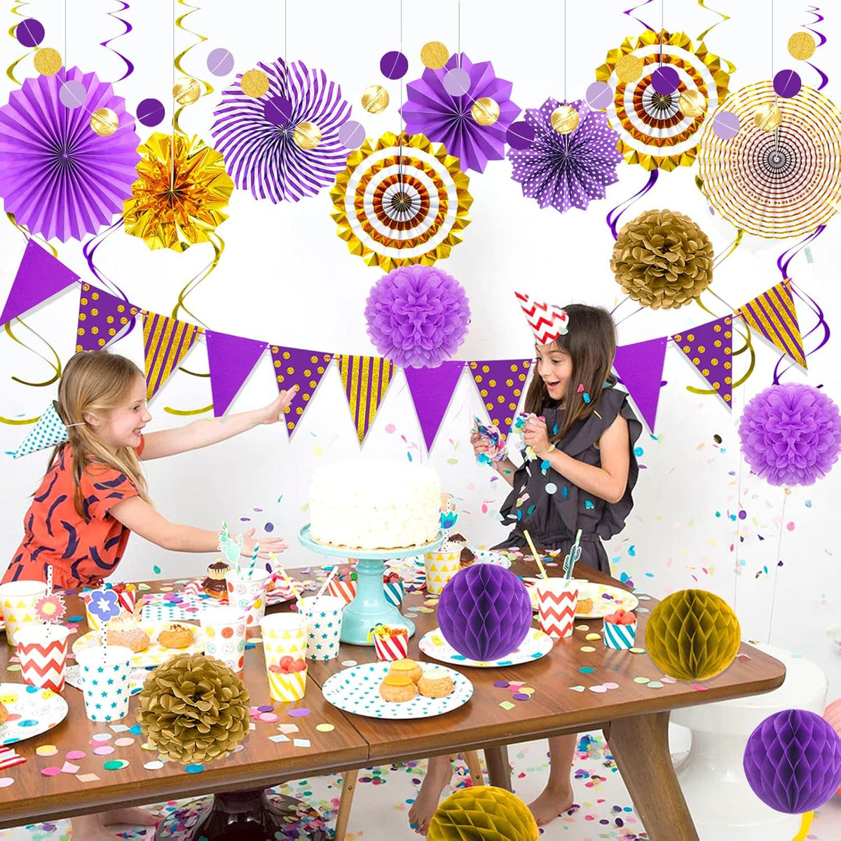 Purple Gold Party Decorations Paper Fans, Graduation Season Hanging Glitter Triangle Flags Banner