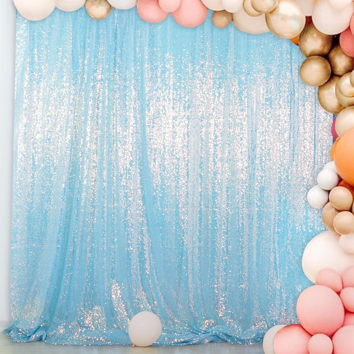 ShinyBeauty Iridescent Aqua Sequin Backdrop | 5FT x 10FT Photo Background | Aqua Blue 10FT Fabric