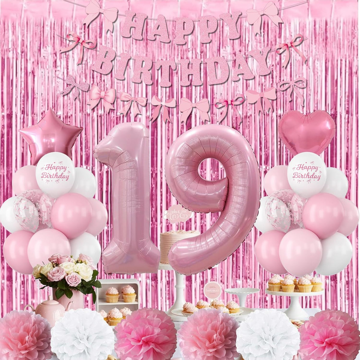 19th Birthday Decorations for Girls Pink Number 19 Balloon Bow Coquette Happy Birthday Banner