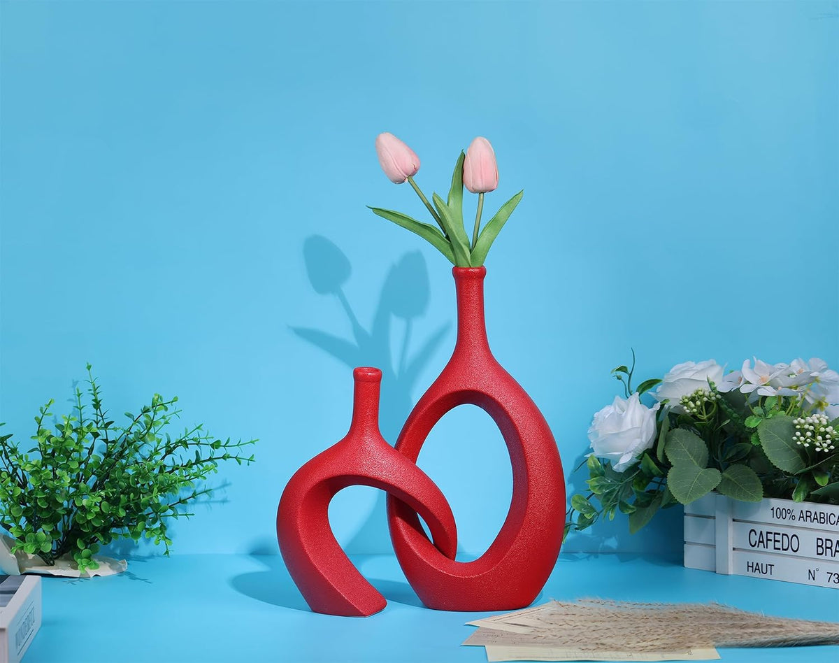 WUBIANJIE Red Ceramic Vase Set - Modern Boho Decor, Snuggle Design, Vases for Living Room, Bedroom