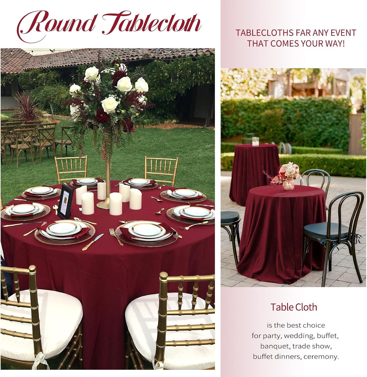 10 Pack Burgundy Round Tablecloths - 120 Inch, Polyester Table Cover for Round Table, Stain and