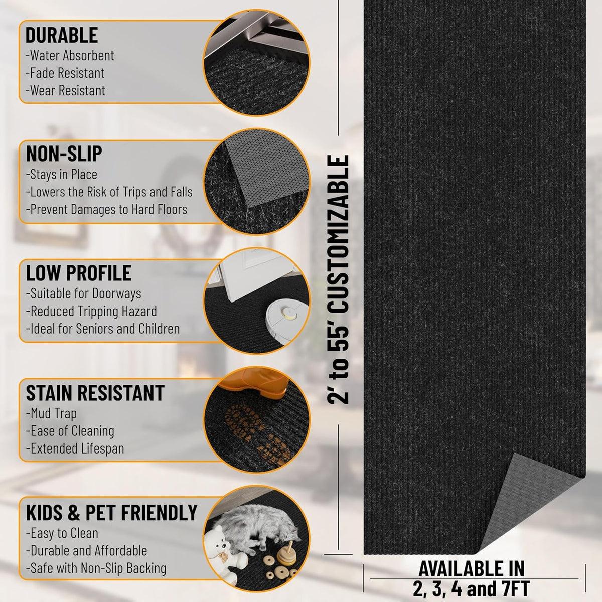 Ottomanson 3'11" x 40' Hallway Runner with Scraper Pile - Extra Durable Non-Slip Rug Mat for Indoor