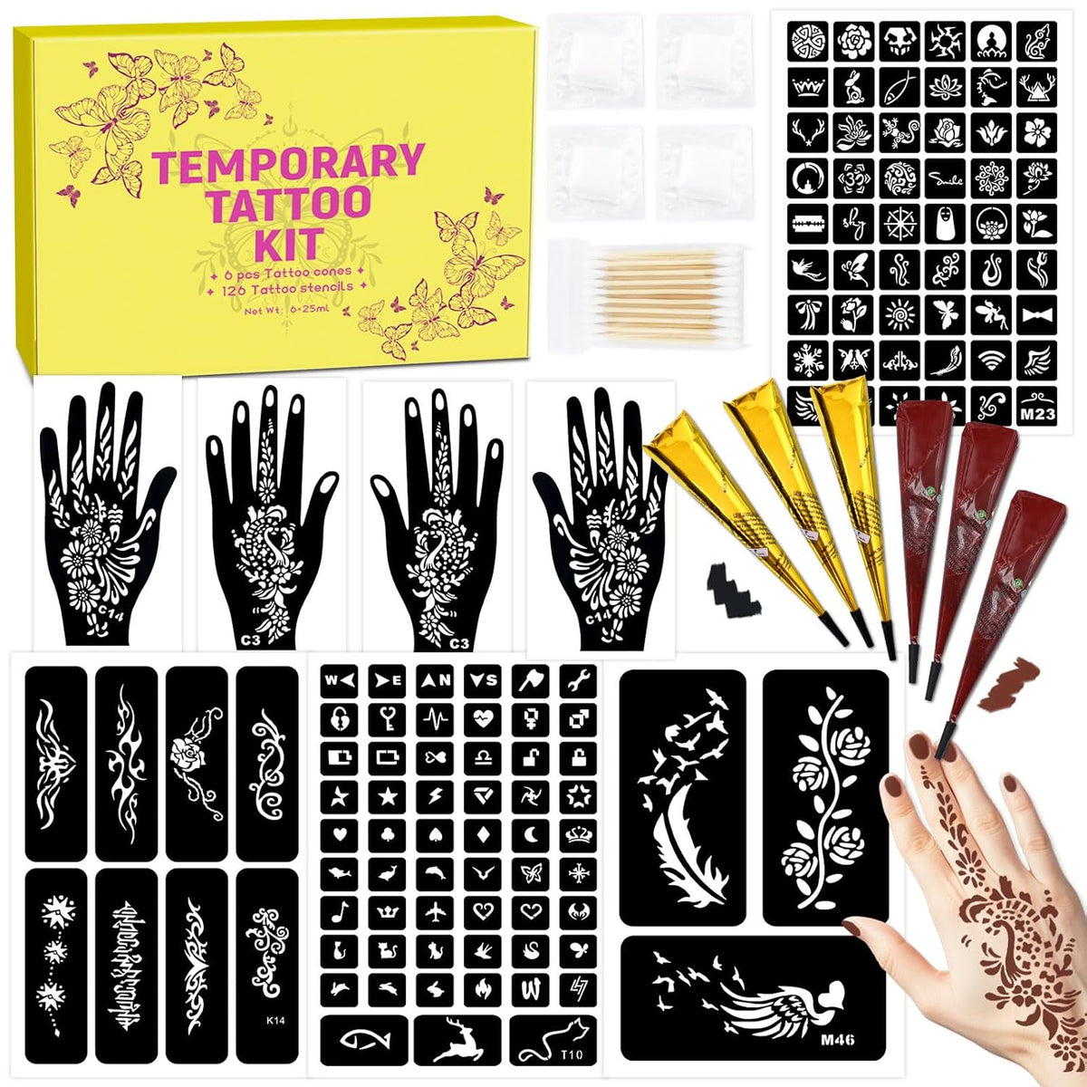 126 PCS Temporary Tattoos Stencils Kit,Temporary Tattoos Kit - 6 Pcs 2 Color(Brown Black) Ink with