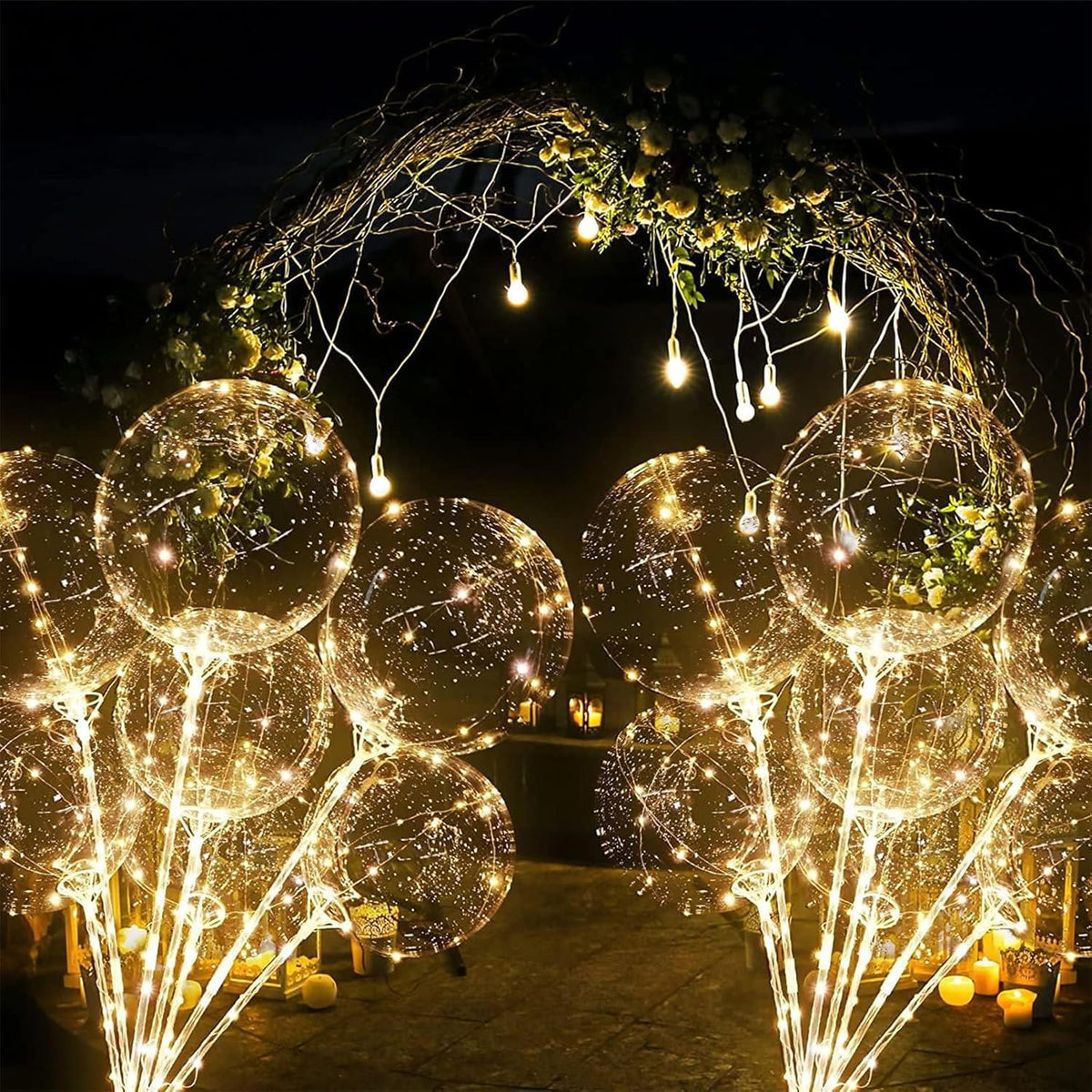 12 Pack Big Light Up BOBO Led Balloons with Sticks - Clear Balloons with Lights, Glow in the Dark