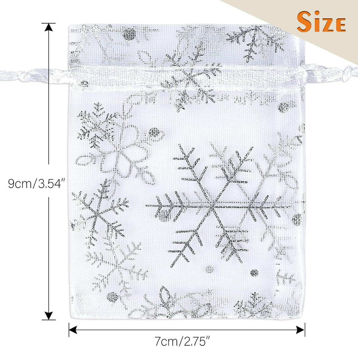 jijAcraft 3x4 Inch Christmas Organza Bags - 50Pcs White Snowflake Gift Bags with Drawstring, Xmas