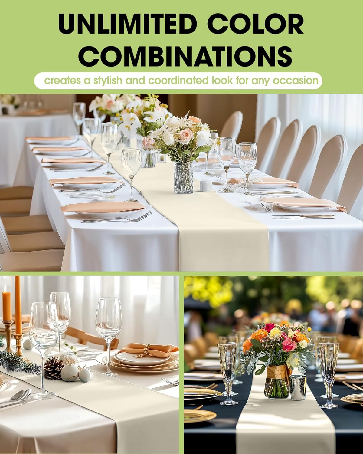 Pureegg Ivory Plastic Table Runners - 10 Pack, 14'' x 108'', Water Resistant & Disposable Cream