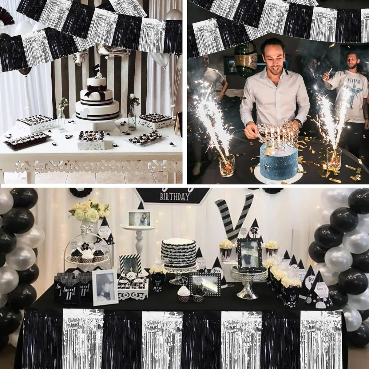 BEISHIDA 3 Packs Metallic Foil Fringe Garland Black Silver Wall Hanging Tinsel Fringe Banners for