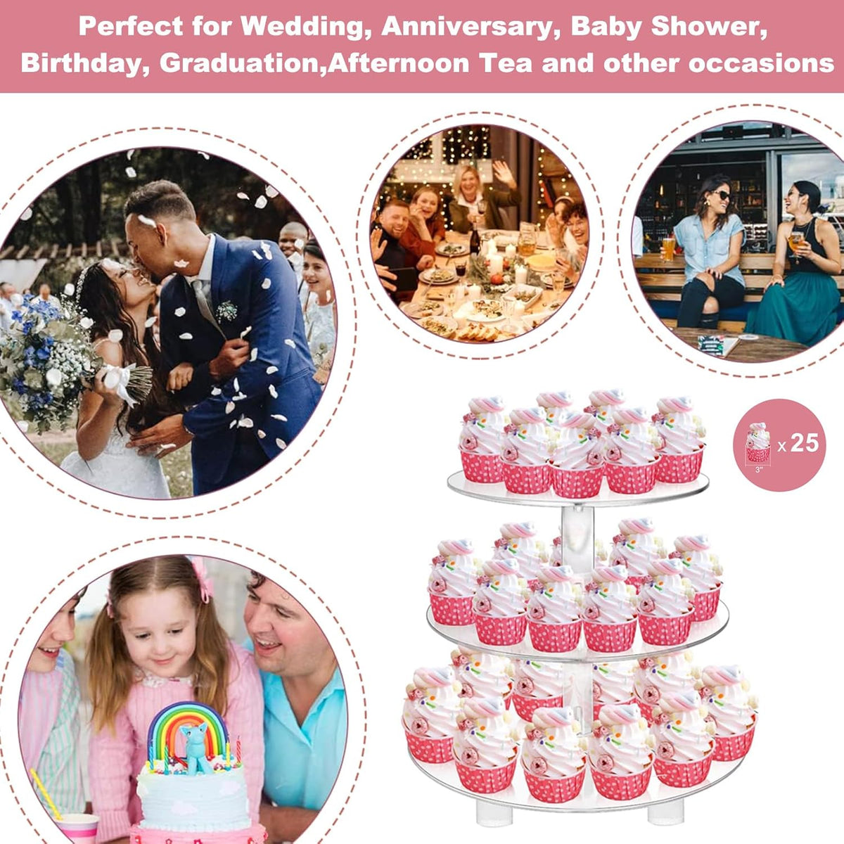 3 Tiers Round Cupcake Stand, Acrylic Cake Tower Stand Holder Macaron Display Rack Cookie Candy