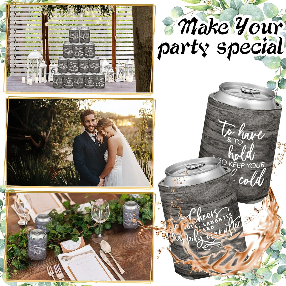 50 Pieces Wood Grain Wedding Can Cooler Sleeves Bulk Engagement Party Favors for Guests Cheers to