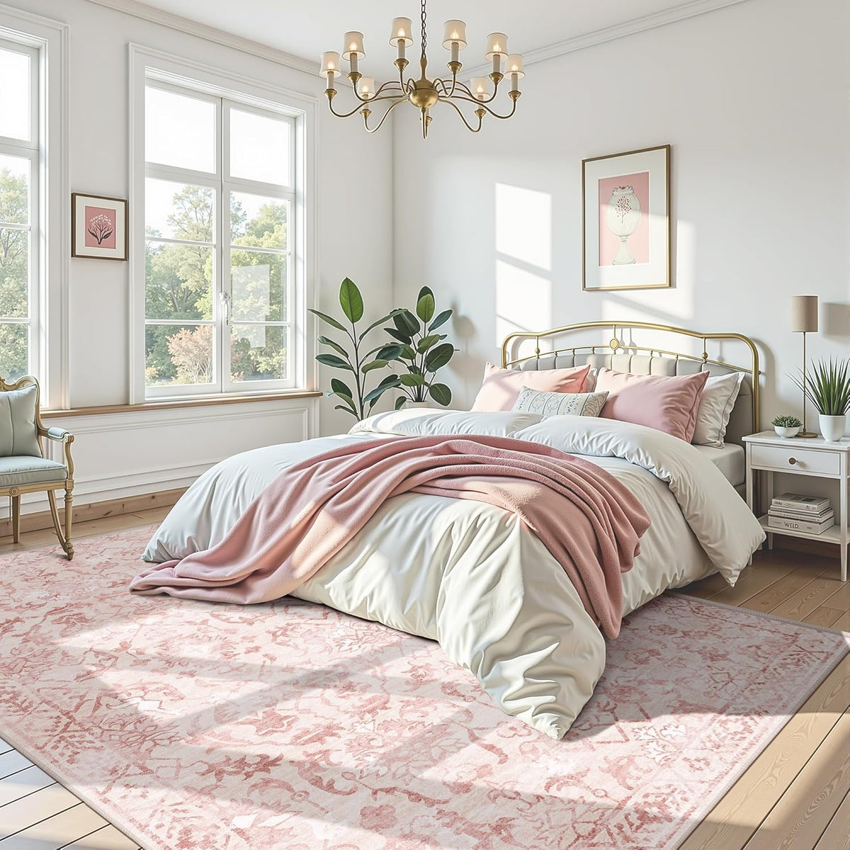 Deerly Pink Area Rugs 9x12 for Living Room Soft Non-Slip, Large Bedroom Rug Vintage Dining Room Rug