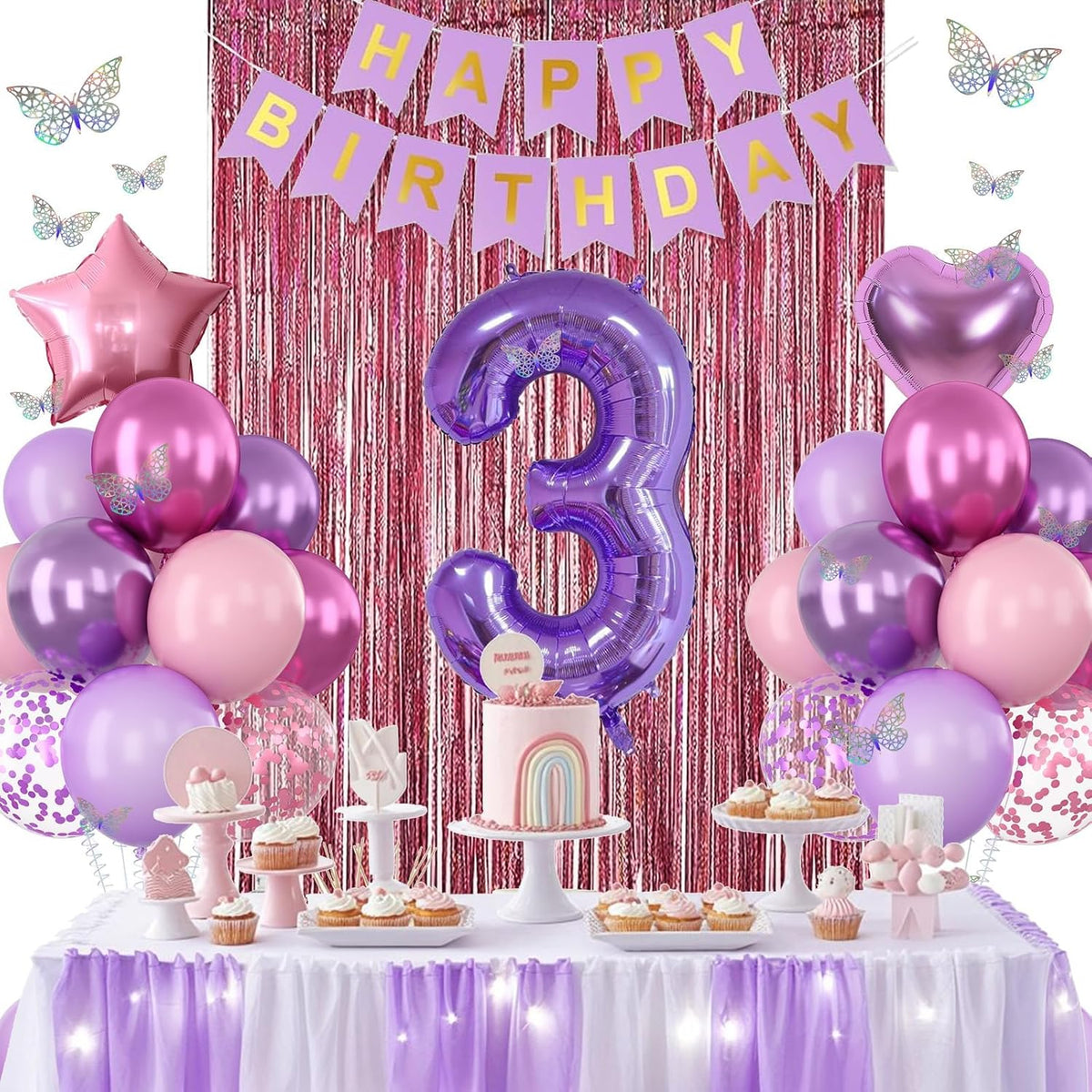 Pink Purple 3rd Birthday Party Decorations for Girls Number 3 Balloon Happy Birthday Banner