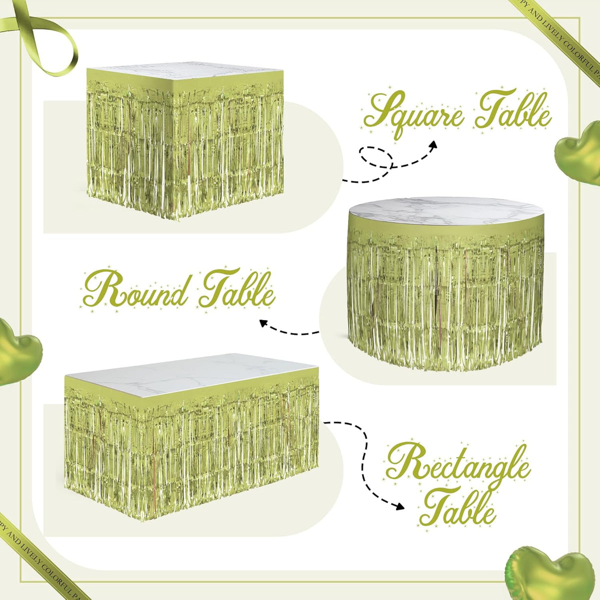 2 Pack Lime Green Table Skirts, 29x108" Metallic Foil Tinsel Fringe Table Skirt for Rectangle