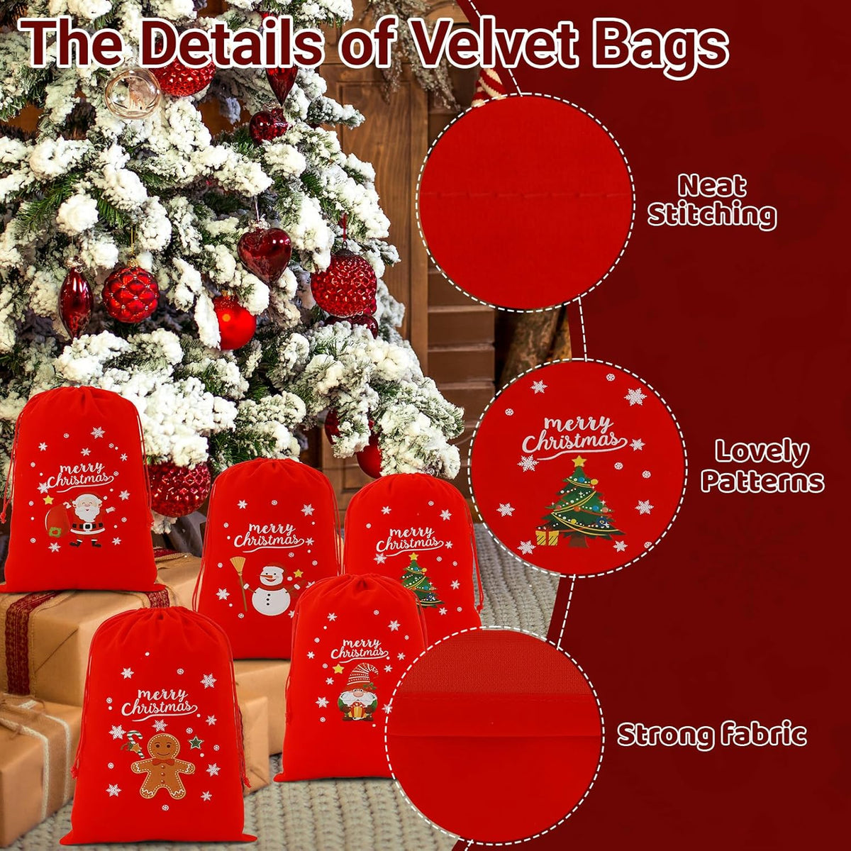 Tapleap Velvet Coth Christmas Bags with Drawstring, 50Pcs 7x10 for Wrapping Christmas Party Favors