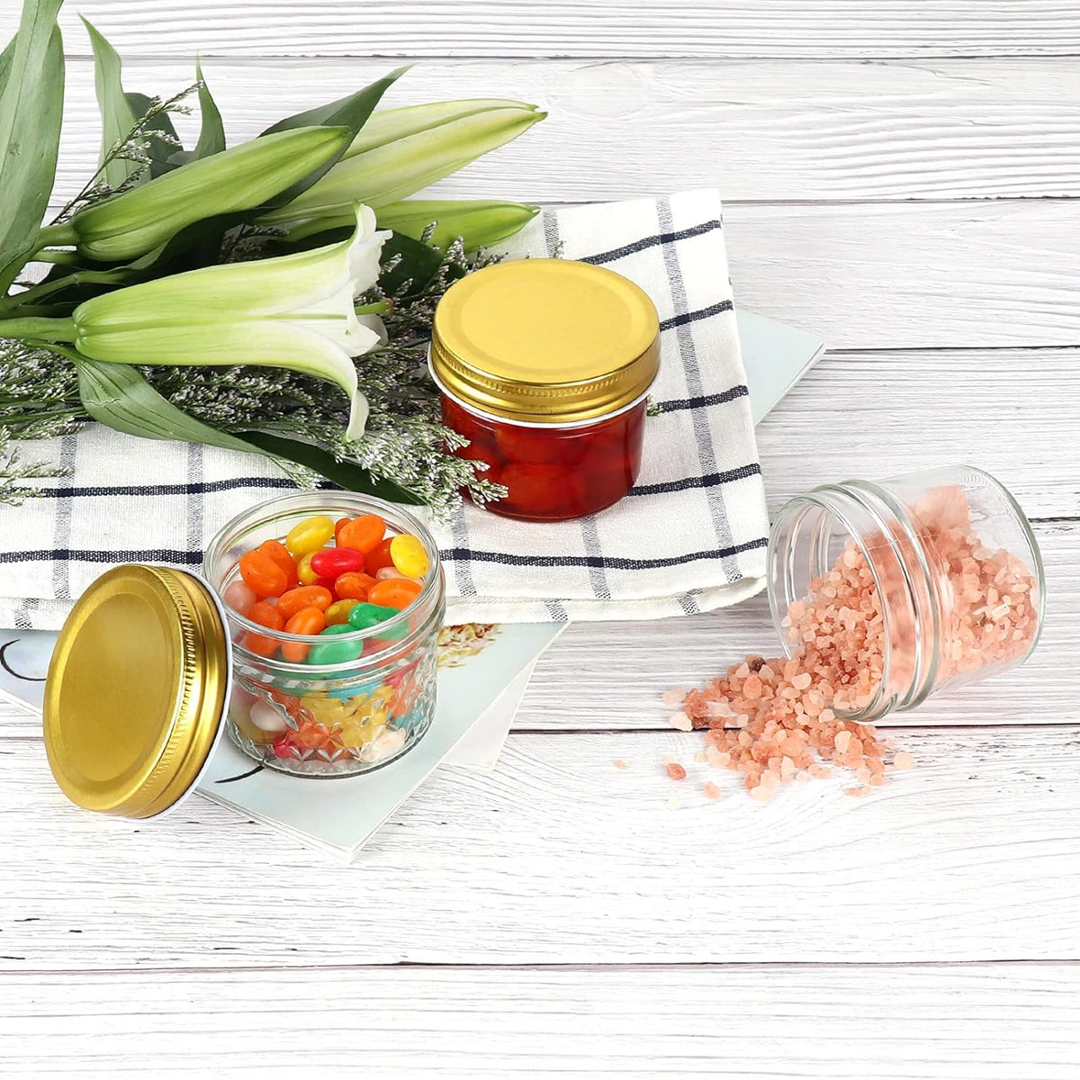 Betrome 4 oz Clear Glass Jars with Metal Golden Lids, Pack of 40, 100ml Round Canning Jars,Ideal