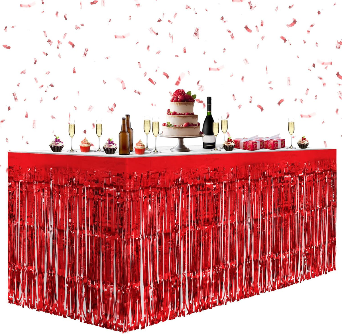 2 Pack Red Table Skirts, 29x108" Metallic Foil Tinsel Fringe Table Skirts for Rectangle Tables