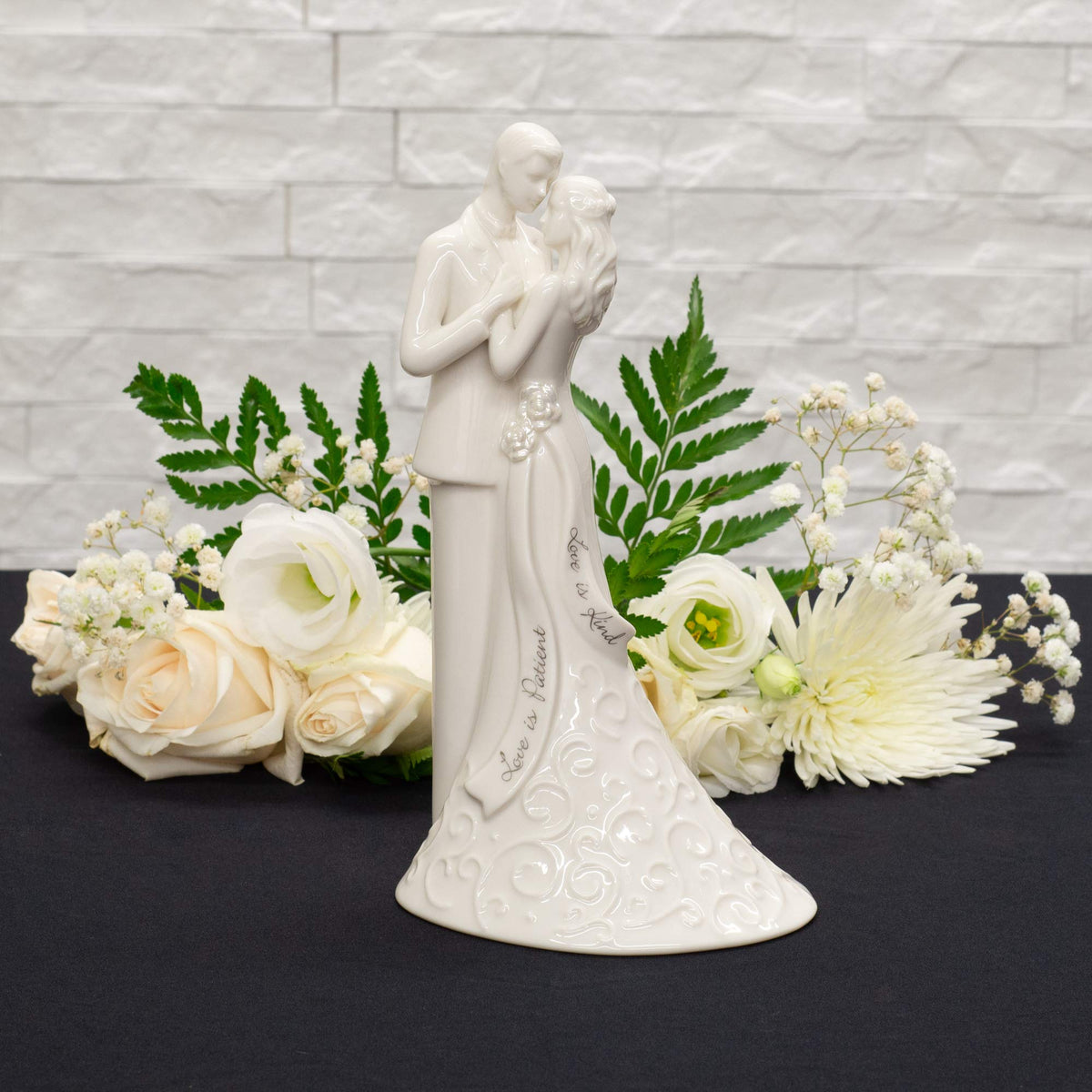Roman 8.5" Wedding Cake Topper – Elegant Bride and Groom Figurine with “Love Is Patient”