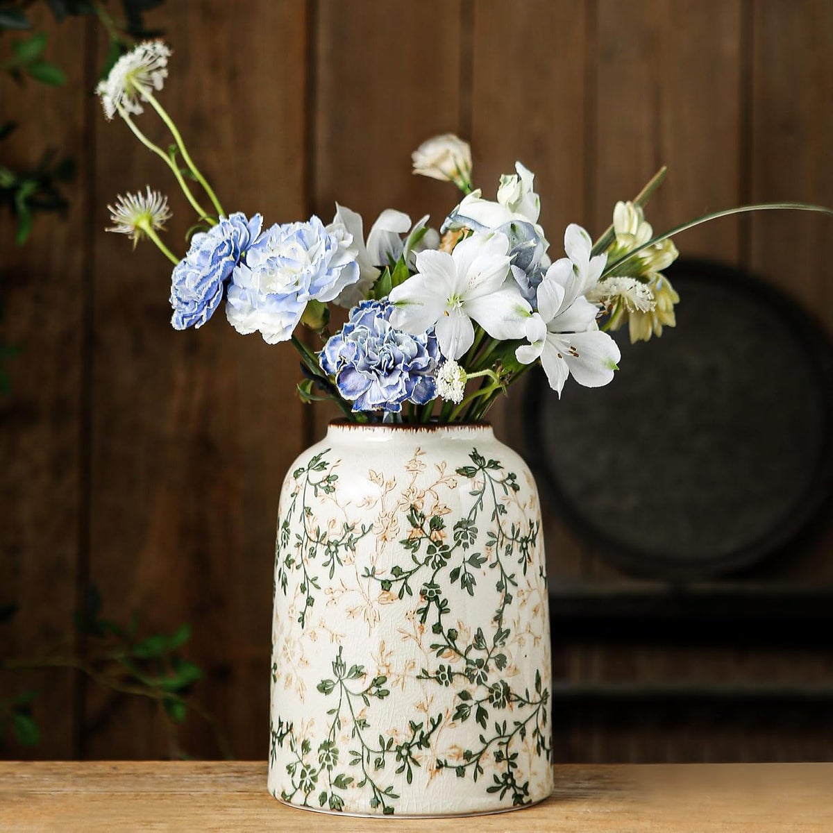 Green Vintage Vase, Chinoiserie Floral Vases, Retro Ice Cracked Ceramic Large Vases for Home