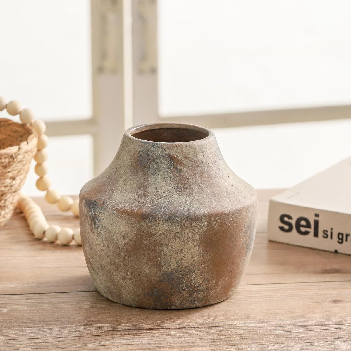 Mitt&Ditt Ceramic Flower Vase, 5.3 inch Pottery Farmhouse Rustic Vase, Handcrafted Weathered Vases
