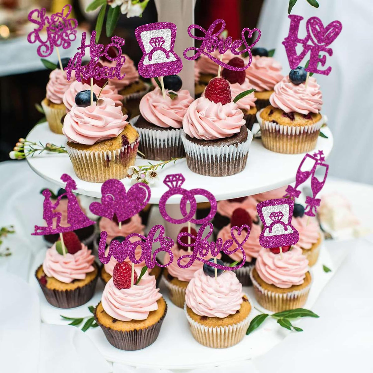 Ephlyn 30Pcs He Asked She Said Yes Cupcake Toppers Glitter Engagement Cupcake Toppers Diamond Ring