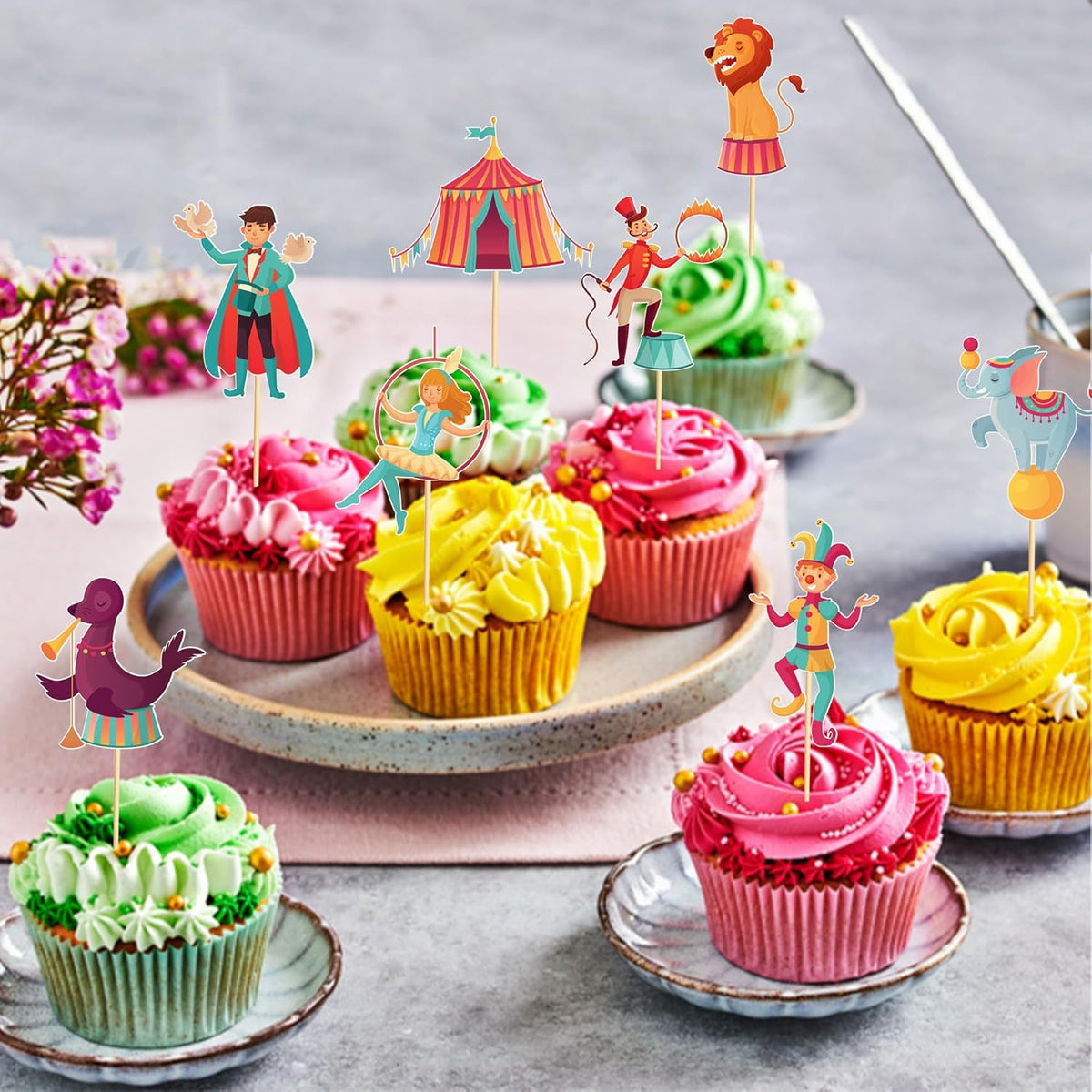 24pcs Circus Cupcake Toppers Carnival & Circus Party Decorations - Perfect for Cupcake, Cake & Baby