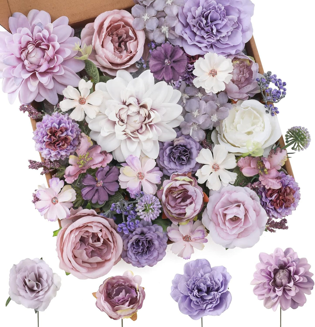 Floweroyal Artificial Flowers Combo Purple Flowers Mix Silk Flowers Dahlia Roses with Stems for DIY