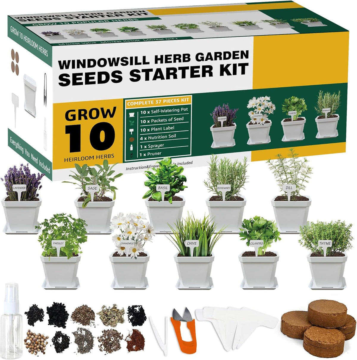 10 Herb Seeds Garden Starter Grow Kit with White Pots, Markers, Nutritional Soil, Watering, Herb