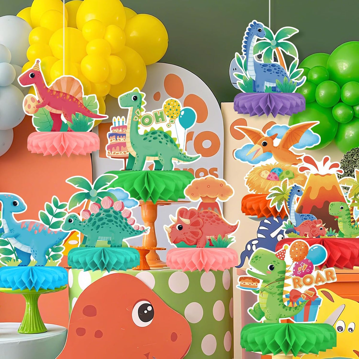 Dinosaur Birthday Party Supplies Kit - Dinosaur Themed Table Decorations with Honeycomb Centerpiece