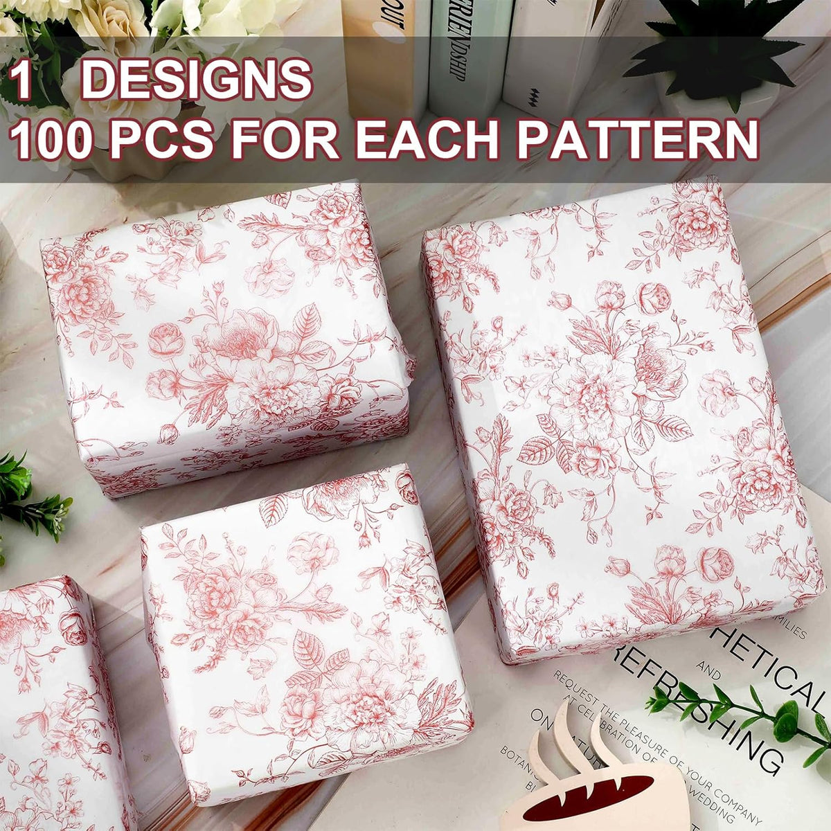 JarThenaAMCS 100 Sheets Floral Tissue Paper Rose Gold Flower Gift Wrapping Paper Vintage Decorative