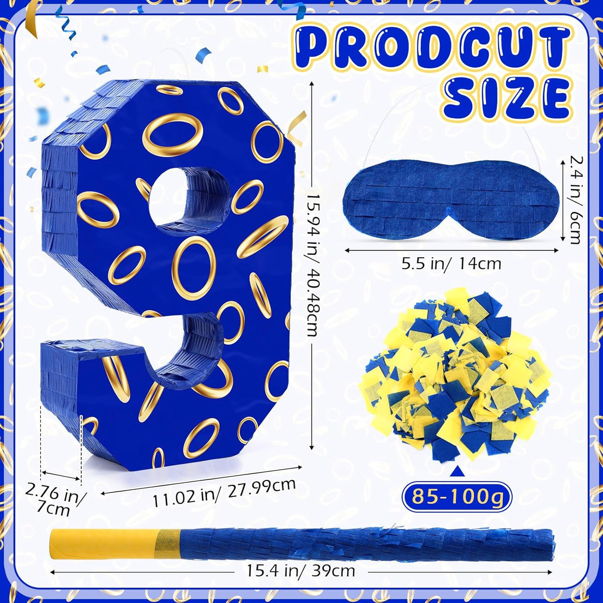 Number 9 Blue and Golden Rings Piñata for Kids Birthday Cartoon Theme Small Piñata with Blindfold