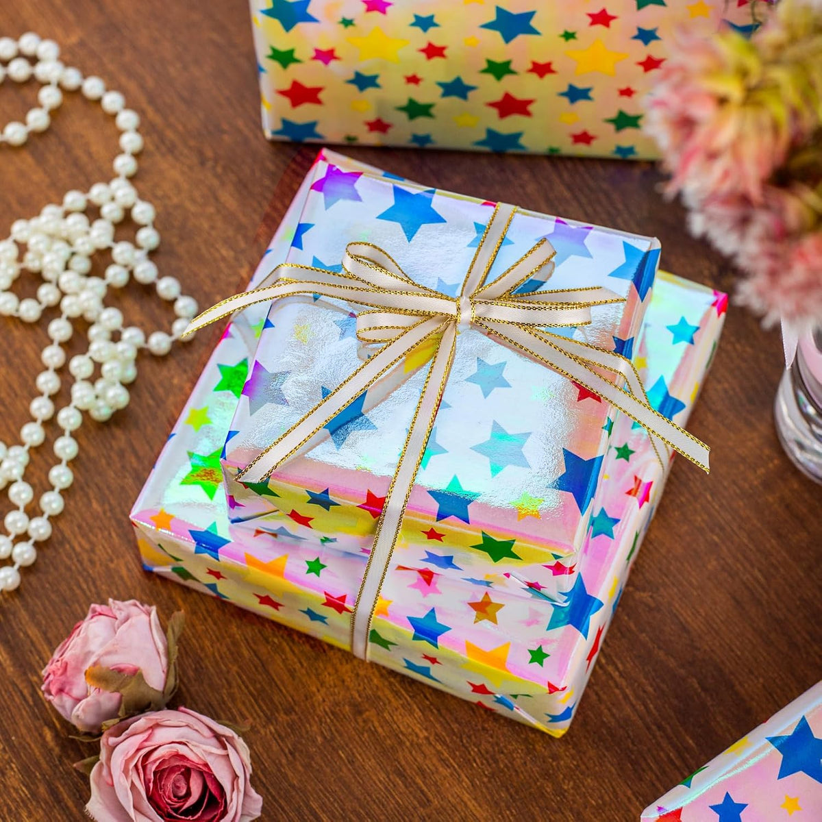 Burymento Holographic Pink Star Gift Wrapping Paper for Birthday, Valentines, Mothers day
