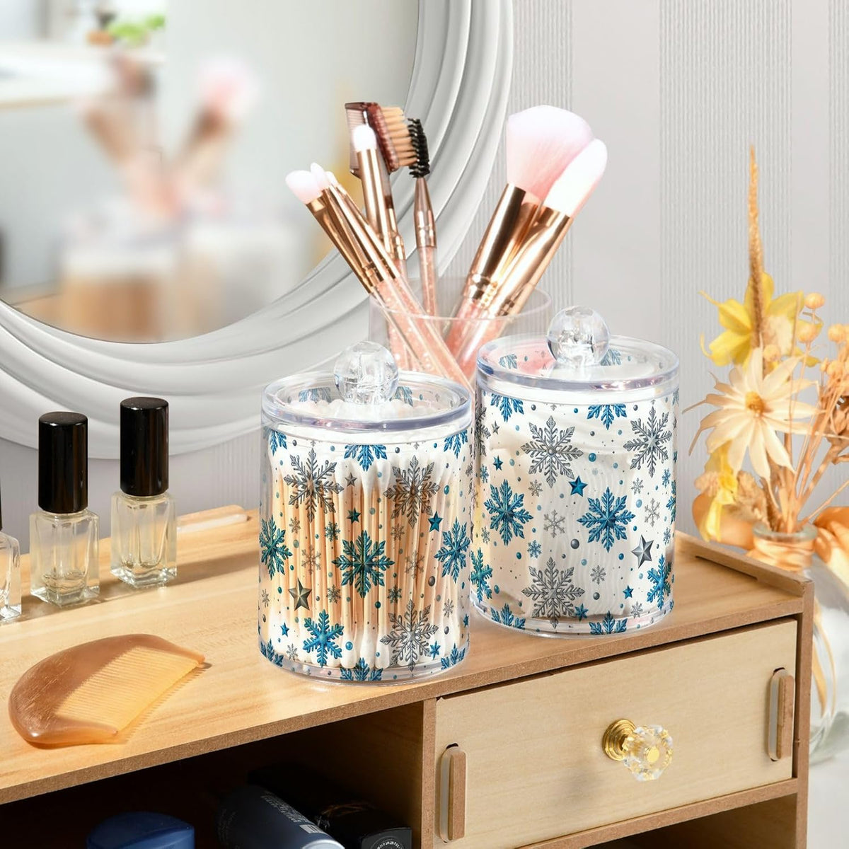 Gredecor Christmas Winter Qtip Holder Dispenser 2 Pack Silver Blue Glitter Snowflakes Bathroom