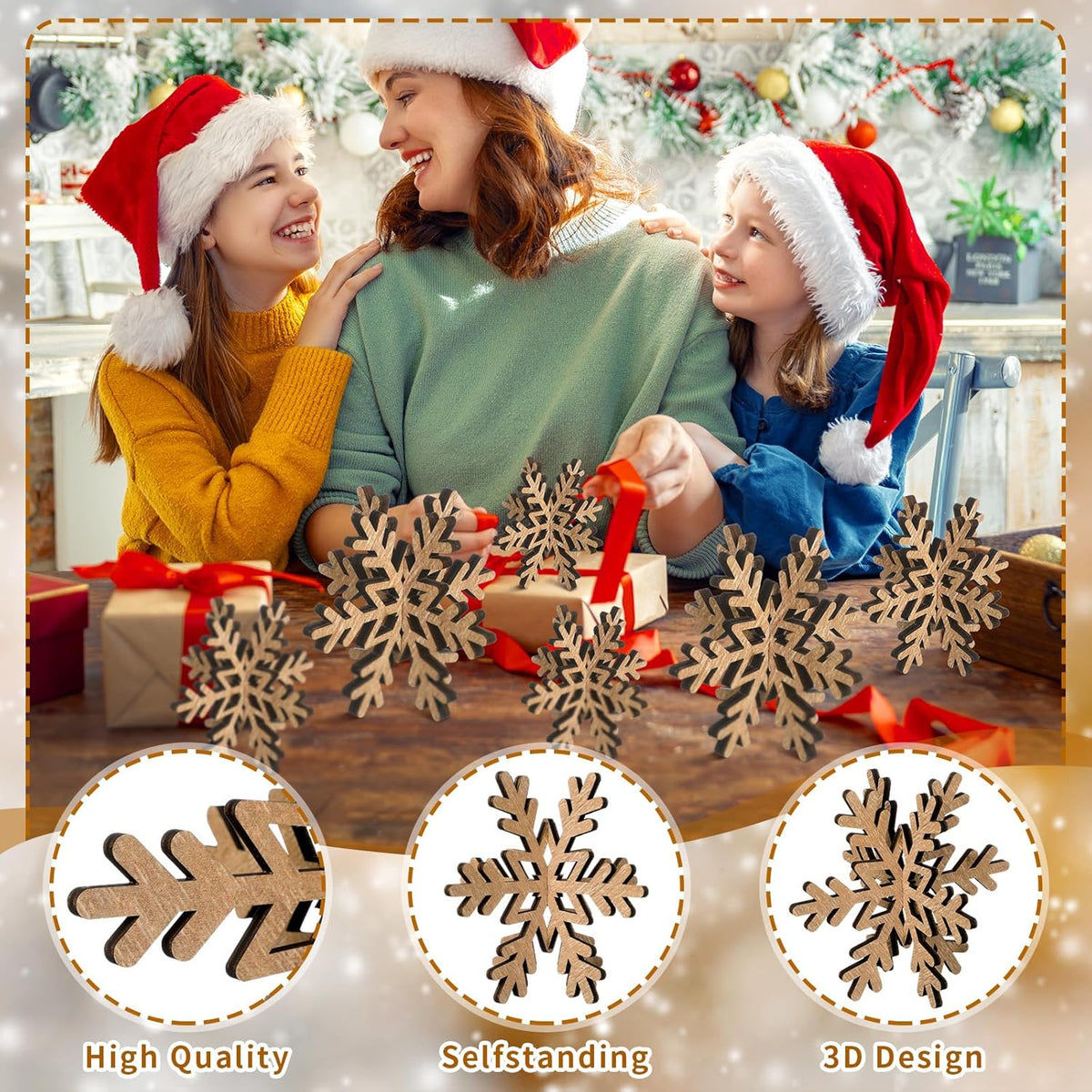 Bucherry 12 Pcs Wooden Snowflake Table Decor 3D Snowflake Tabletop Signs and Centerpiece for