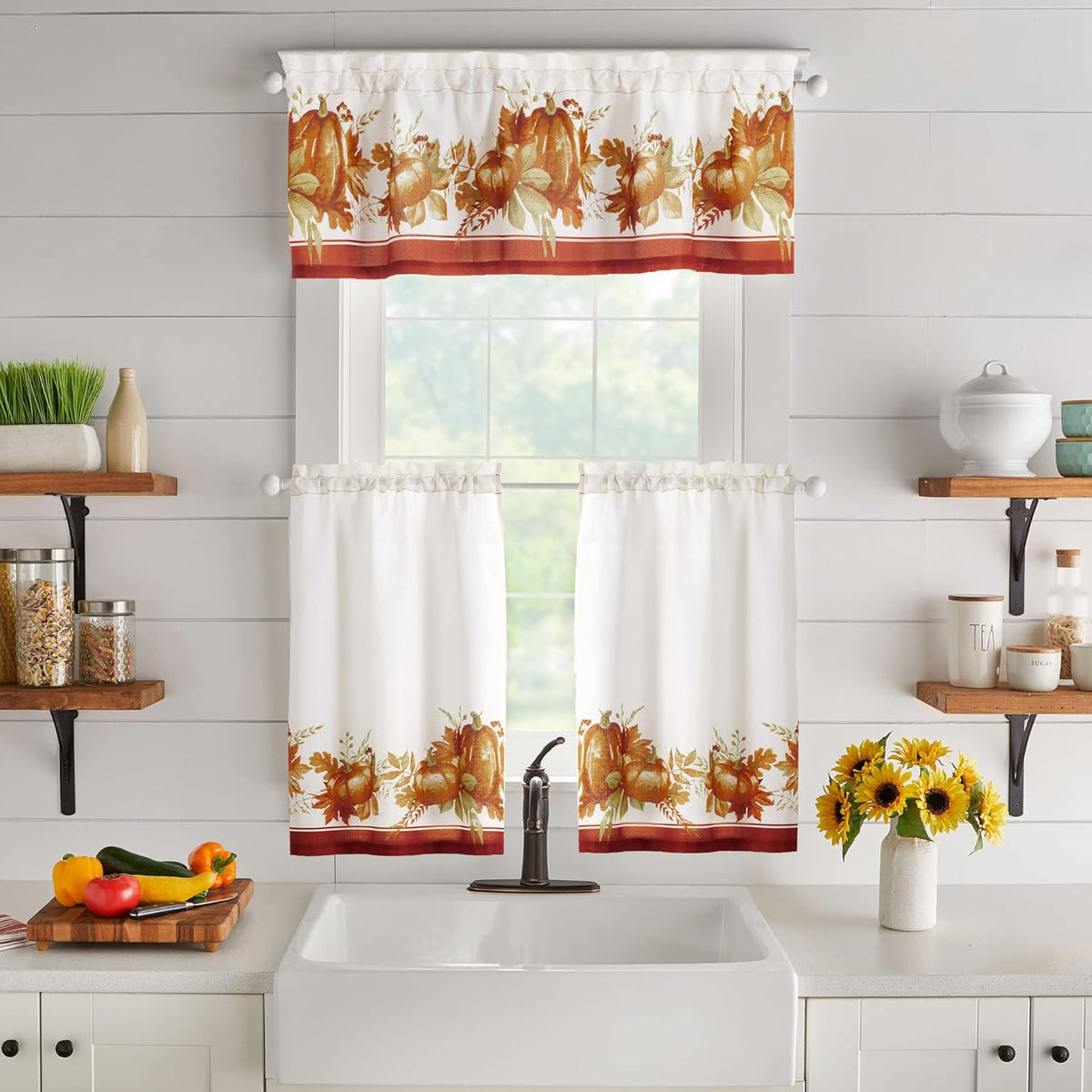 Elrene Home Fashions Autumn Pumpkin Grove Window Tier Set and Kitchen/Café Valance, 60"x36" (Set of
