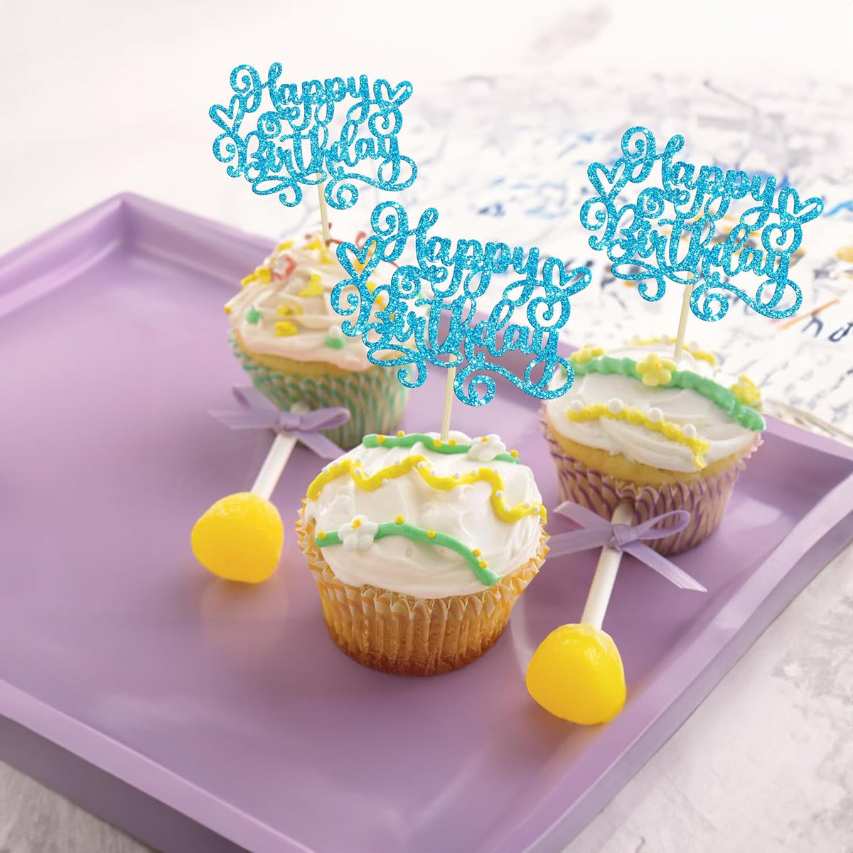 Gyufise 24Pcs Happy Birthday Cupcake Toppers Glitter Happy Birthday Cupcake Picks for Celebrating