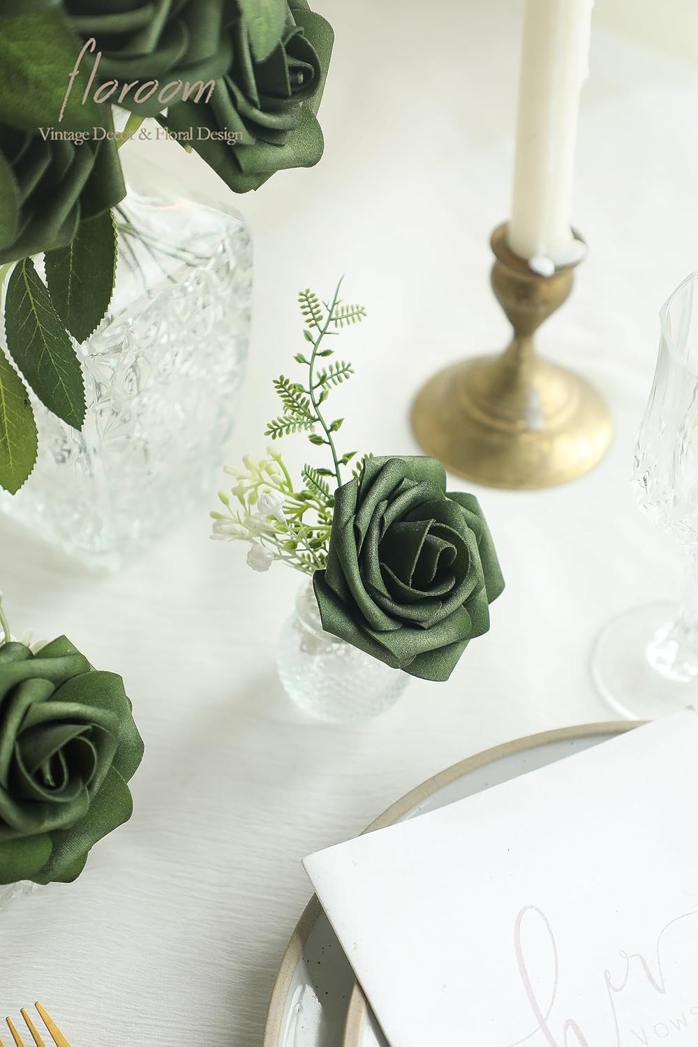 Floroom Artificial Flowers 25pcs Real Looking Emerald Green Foam Fake Roses with Stems for DIY