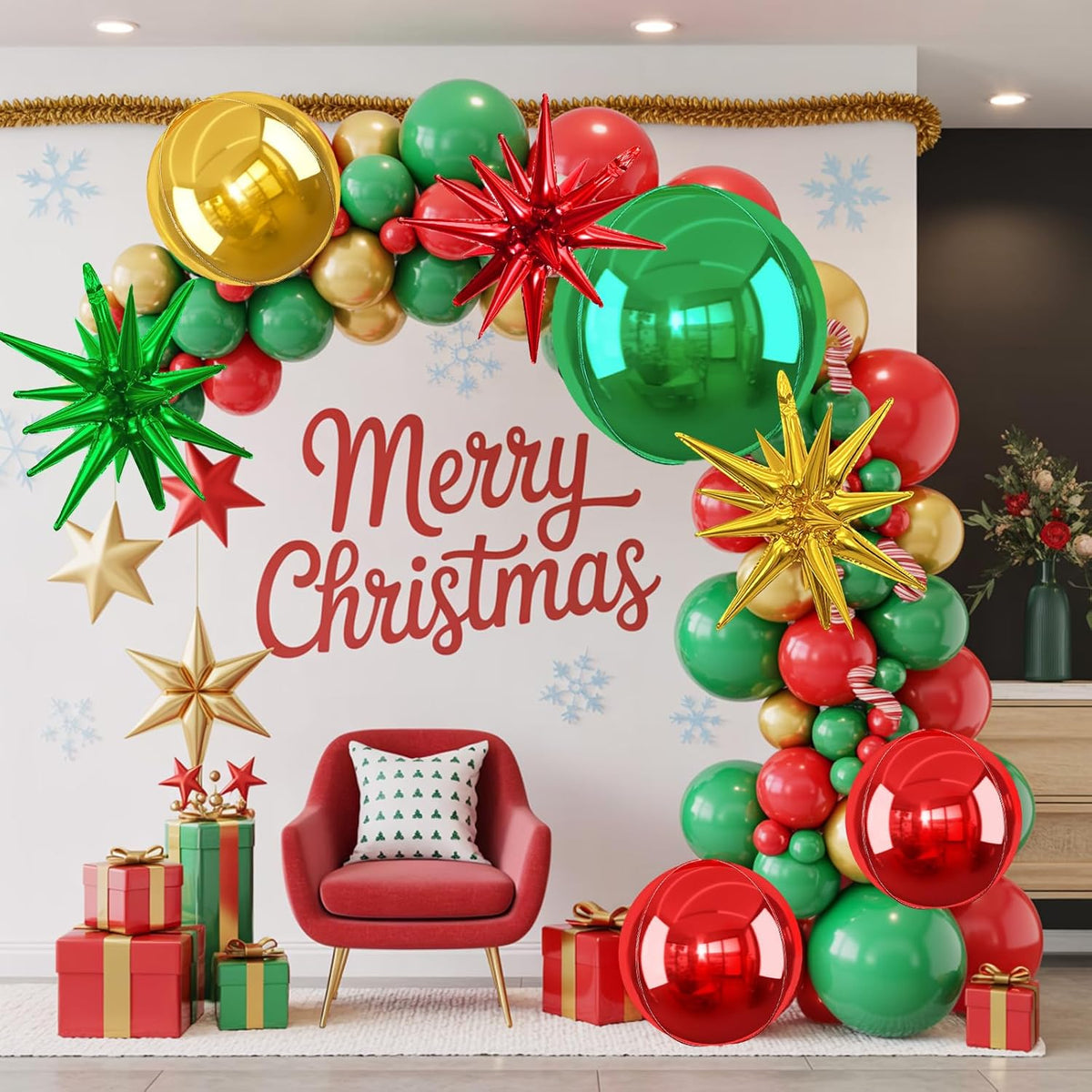 6Pcs Red Green Gold Foil Balloons,22Inch Green Red Gold 4D Round Ball Balloon and Explosion Star