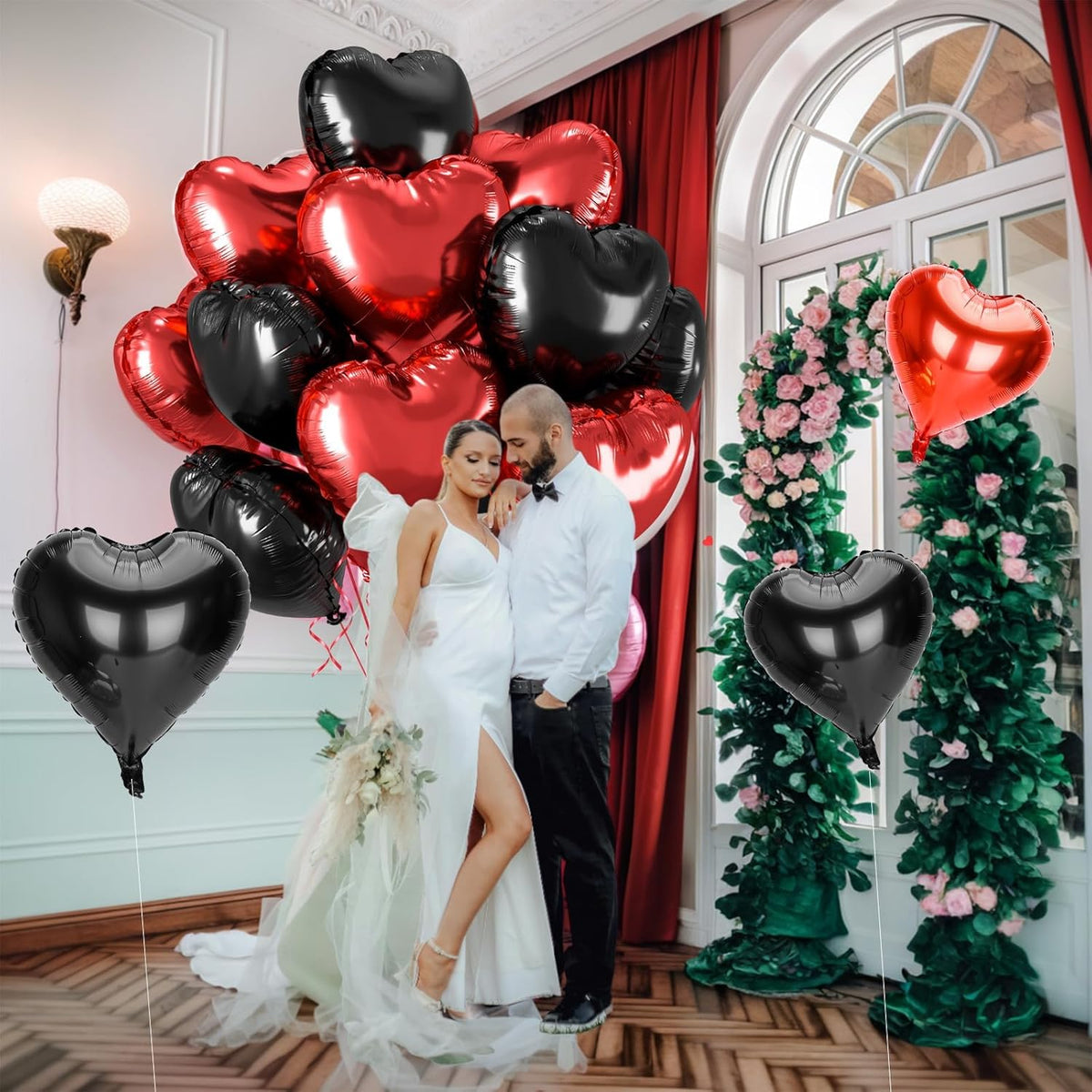 12 Pcs Heart Balloons, 18 inch Valentine's Day Heart Shaped Balloons, Red Black Foil Helium