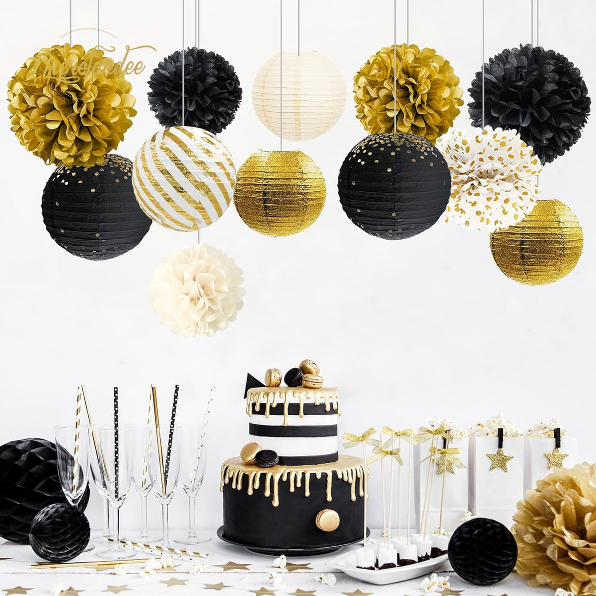 NICROLANDEE Black Gold Party Decorations,12PCS Paper Lantern Tissue Pom Poms Black and Gold Hanging