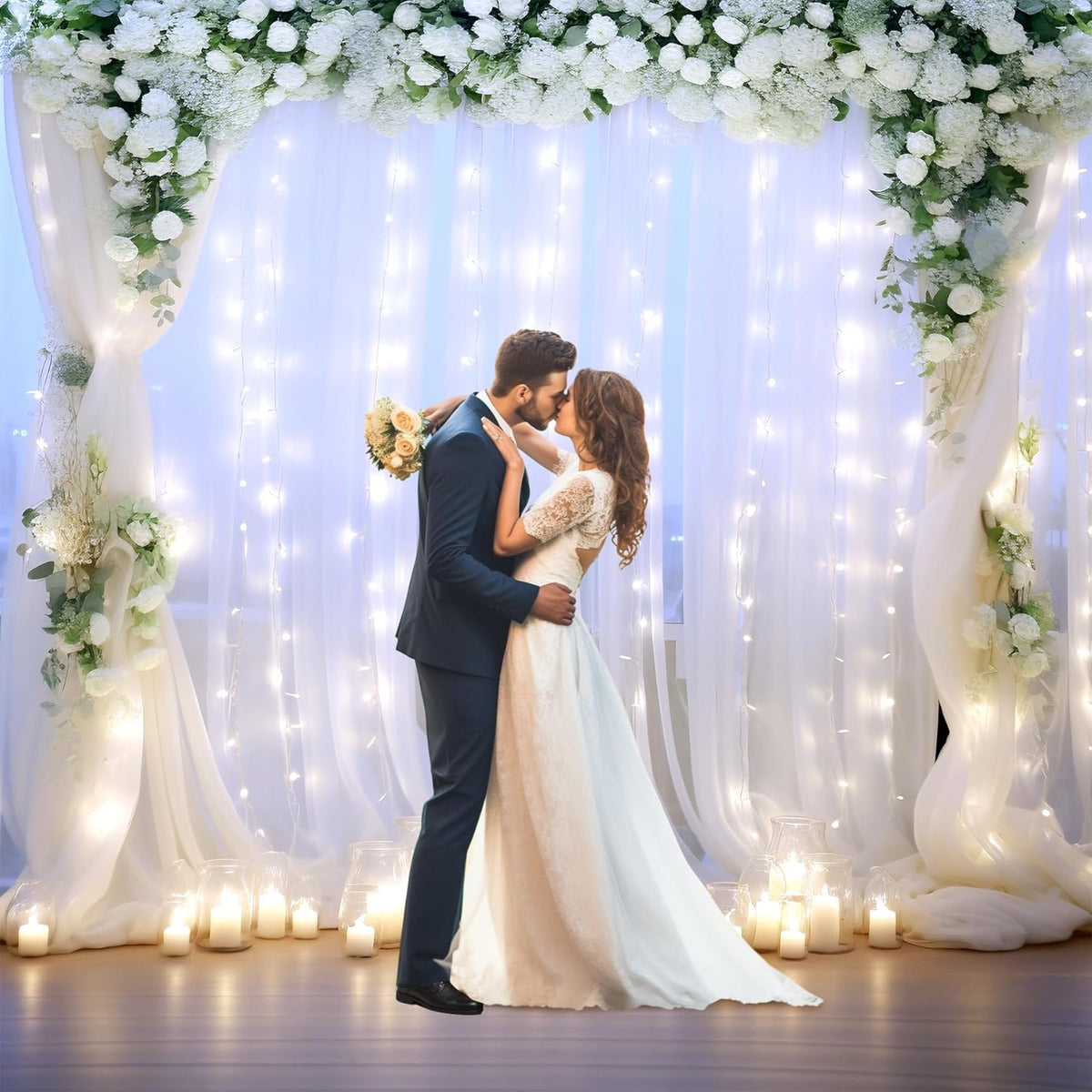 White Backdrop Curtains with Lights String for Wedding Parties 10×10ft Sheer Tulle Backdrop Curtain
